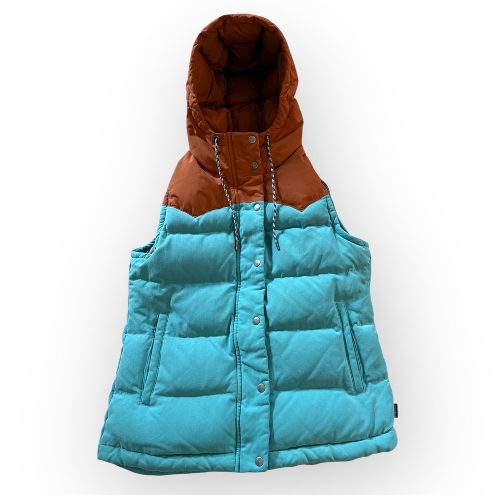 Patagonia Bivy Hooded Down Vest, size M, Teal Rust Mushroom Print 27746